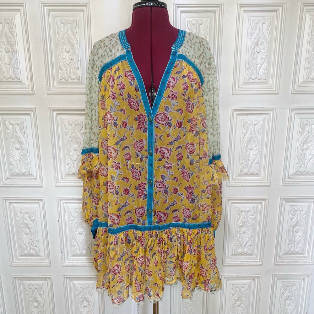 Free People Yellow, Blue Green Floral Print Long Sleeve Mini Dress. Small.